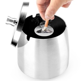 Stainless Steel Ashtray with Lid - Non-skid Base Ashtray, Portable Ashtray, Suitable for Indoor and Outdoor Use, Silver, M