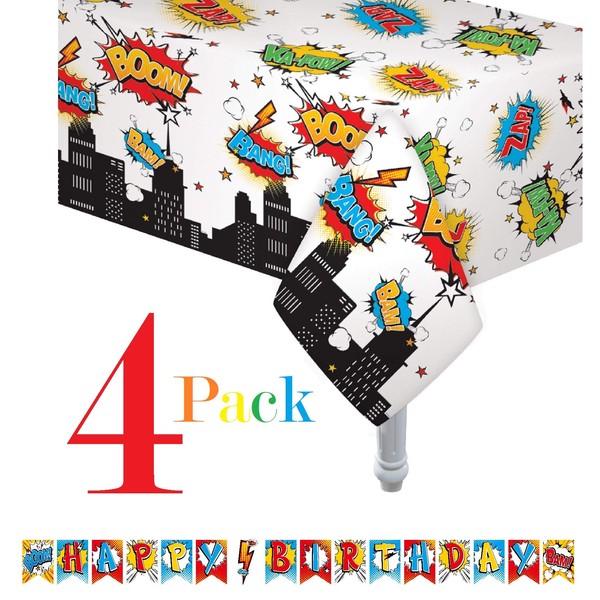 oojami 4 Pack Superhero Plastic Table Cover 54" x 108" | Includes 1 Pre Strung Happy Birthday Super Hero Banner
