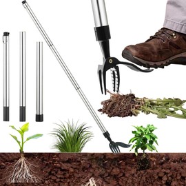 SUQ Weed Puller, Stainless Steel Stand Up Weeder Hand Tool, 3-Stage Adjustable Root Remover, with 4-Claw & Foot Pedal, Stand Up Weeder with Foot Pedal, Picker, Garden Weed Puller and Root Removal Tool