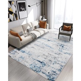 Area Rug Living Room Rugs: 9x12 Large Soft Indoor Carpet Modern Abstract Rug with Non Slip Rubber Backing for Under Dining Table Nursery Home Office Bedroom White Gray Blue