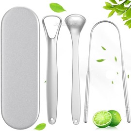 Jasinber Set de 3 Cepillo de Lengua de Acero Inoxidable con Estuche de Transporte - Kit de Limpieza Bucal para Limpiador de Raspado de Lengua Oral (3 Pcs)