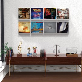 ILYXY Acrylic Vinyl Record Holder 8 Pack, 12 Inch White Vinyl Record Wall Mount, Floating Vinyl Shelves Record Frames for Record Wall Display