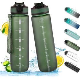 NAVTUE 1 Litre Sports Water Bottle with Straw and Time Markers, Leakproof Tritan Water Bottle, BPA Free for Fitness/Cycling/Camping/Running, Pink Blue (1L Dark Green)