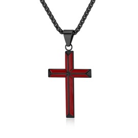 FUTPLOR Cross Necklace for Men, Silver Gold Black Stainless Steel Cross Enamel Craft Minimalist Faith Cross Jewelry Mens Cross Pendant 24 Inch Adjustable Box Chain Unisex Cross Jewelry (Medium, Black Red)