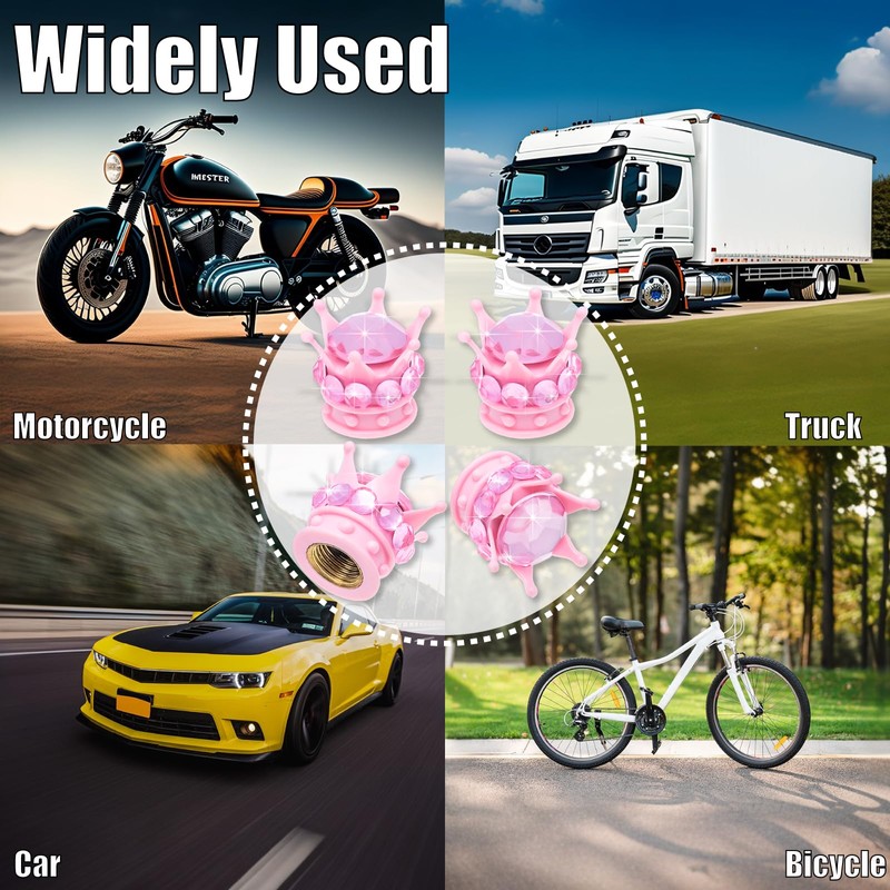 MEAJOO 4PCS Crown Bling Tire Stem Valve Caps, Crystal Diamond