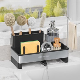 LIONONLY Kitchen Sink Organiser, Stainless Steel Sponge Holder Kitchen with Drain Pan, Removable Brush Holder and Towel Rail, Sink Caddy Kitchen Organiser for Worktop