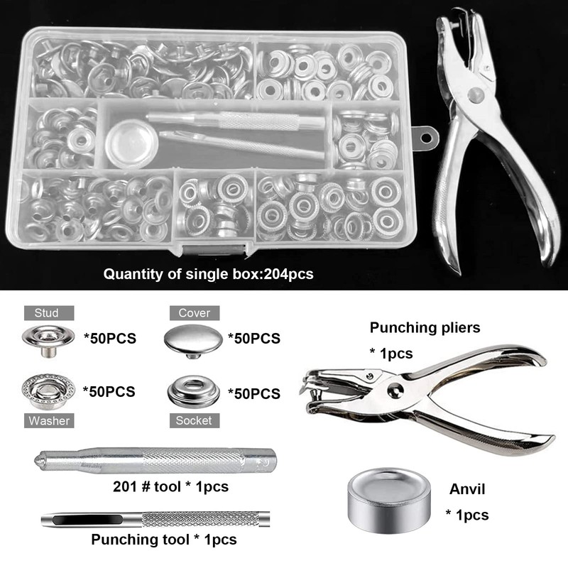 Snap Fastener Kit, 200 Sets 15mm Metal Sew-on Snap Fasteners