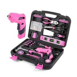 DOWELL Pink Tool Set with 3.6V Cordless Screwdriver Tool Kit, 143 Pcs