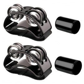 FUNNTY 2 Set Foot Tambourine Shaker & Rhythm Finger Shaker with Elastic Strap, Percussion Musical Instrument Set for Ukulele Guitar Drum Playing (Black)