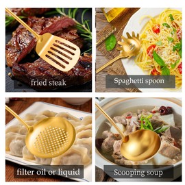10 PCS Stainless Steel Kitchen Utensil Set Gold Cooking Utensils, Potato Masher Solid Spoon Slotted Spoon Fork Spatula Ladle Skimmer Spoon Slotted Spatula Tunner Spaghetti Spoon Large Spoon
