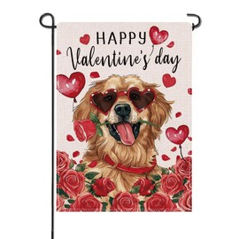 Artofy Happy Valentines Day Golden Retriever Dog Small Decorative Garden Flag, Red Heart Rose Yard Outside Decor Pet Owner Lover Gift, Anniversary Wedding Outdoor Home Decoration Double Sided 12 x 18