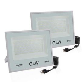 GLW 2 Pack 100W LED Flood Lights Outdoor,10000LM Super Bright Work Light,6000k Daylight White Floodlights with Plug,IP66 Waterproof Exterior Security Lights for Playground,Garage,Yard,Backyard
