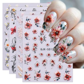 JMEOWIO 3D Embossed Flower Nail Art Stickers Decals Self-Adhesive 5D Spring Summer Flora Nail Supplies Nail Art Design Decoration Accessories 4 Sheets