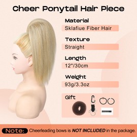 SEIKEA Cheer Ponytail Hair Piece, 10" Straight Tangle-Resistant Smooth Natural Cheerleader Hairpiece Ponytail Extension for Cheer Competition, Dance Ash Blonde with Light Blonde Highlights