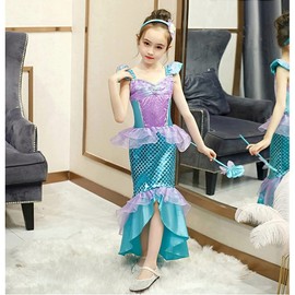 CREDIBLE Children's Princess Dress Cosplay Costume, Luxurious 8-Piece Set, Mermaid B (Princess Dress, Heart Tiara, Magic Wand, Necklace, Bracelet, Earrings, Ring, Original Merchandise), 51.2 inches
