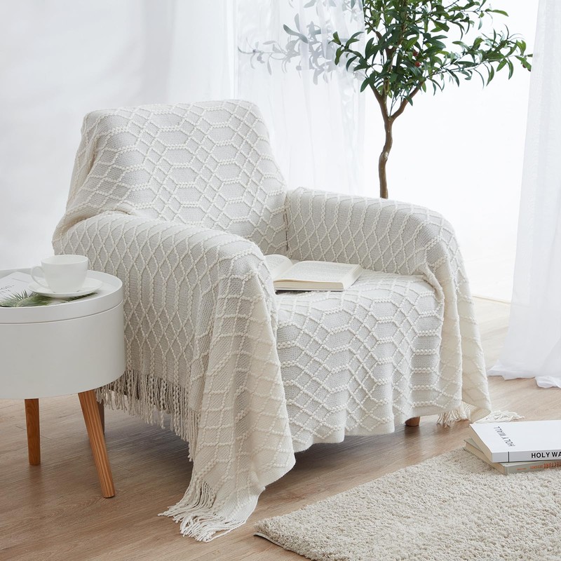 KASYLAN 100% Acrylic Knitted Throw Blanket Textured Solid Soft Decorative