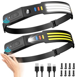 Lsnisni Headlamp Rechargeable 2Pack, 230°Wide Beam Head Lamp LED, Head Flashlight with Motion Sensor, 5 Mode Head Lights for Forehead, Waterproof Headlamps for Adults Hiking Camping Gear