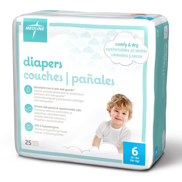 Medline MBD2006Z Baby Diapers, Size 6, 35+ lb. (Pack of