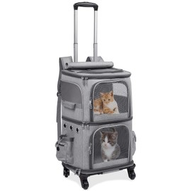 HOVONO Extra Large Double-Compartment Pet Carrier Backpack with Wheels for Small Dogs and Cats, Cat Rolling Carrier for 2 Cats, Perfect for Traveling/Taking a Walk/Trips to The Vet, Grey