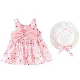 Toddler Baby Girls Summer Sleeveless Dress Holiday Hawaii Princess Beach Sundress Floral Print Dresses with Straw Hat(Pink,3-4T)