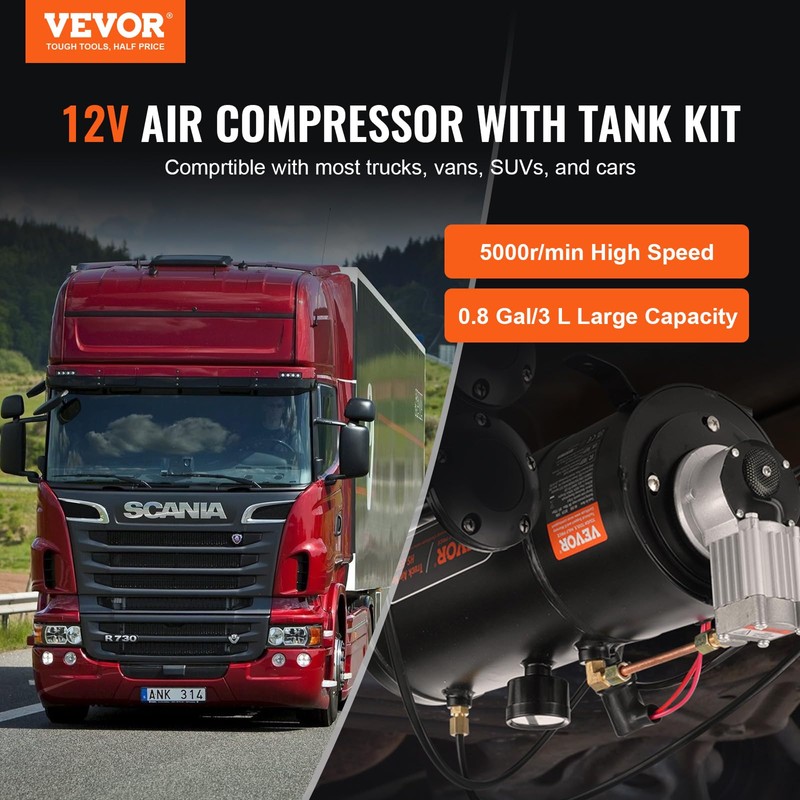 VEVOR 12V Air Compressor with Tank 0.8 Gallon/3 L, Train