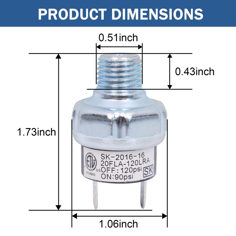 Air Pressure Switch 90-120 PSI Tank Mount Thread 1/4"NPT 12V/24V