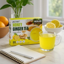 Ginger Tea Lemon Honey Flavor 20 Instant Sachets - Natural Soothing Tart Zesty Citrusy Taste - Caffeine Free Gluten Free 12.70 oz Total