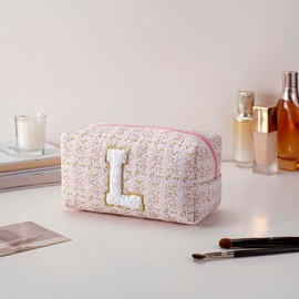 JOVAKIT Alphabet Makeup Bag Cosmetic Bag for Women, Christmas Gifts for Girls Age 6-18, Floral Flowers Coquette Travel Toiletry Zipper Make Up Pouch Organizer Trendy Stuff (Pink Floral L)