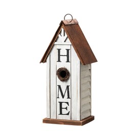Glitzhome 14.75" H Distressed Bird House Solid Wood HOME Inspiration Decorative Pet Cottage Hanging Outdoor Garden Birdhouse,Washed White