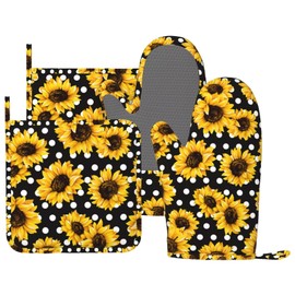 CEVIOLINRE Sunflowers Oven Mitts and Pot Holders Set Silicone Heat Resistant White Dot Sunflower Kitchen Gloves Set Yellow Florals Kitchen Mittens Pot Holders for BBQ Cooking Baking Grilling