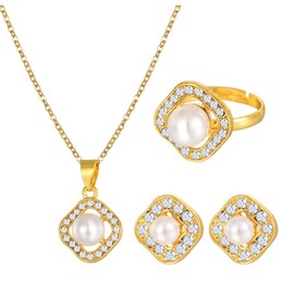 FDEETY 3 Piece Women's Jewellery Set Diamonds Square Beads Earrings Ring Necklace Set Fashion New Creative High Design Tasteful, Alloy Steel