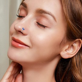 AOBOCO 925 Sterling Silver Butterfly Nose Rings Cuff for Non Pierced Nose Clip On Nose Ring with Simulated Birthstone (Sapphire Blue)