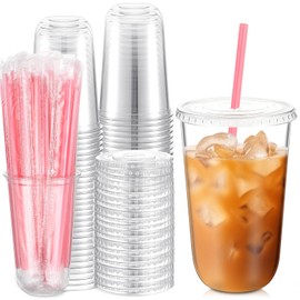 Ziliny 50 Sets Clear Plastic Cups with Heart Shaped Pink Straws and Lids, Disposable Iced Coffee Cups Drinking Pet for Cold Drinks, Wedding, Bridal Shower, Baby Showers, Party (Clear,18 oz)