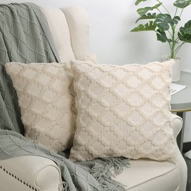 Beige Cushion Covers, 45 x 45 cm, Set of 2, Artificial Wool, Geometric Decoration, Living Room, Modern Chair, Swing, Garden, Patio