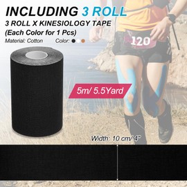 PATIKIL 5.5 Yard x 4 inch Kinesiology Tape, 3 Roll Adhesive Cotton Sports Muscle Support Tapes Waterproof Elastic Tape for Knee Ankle Wrist Shoulder, White/Black/Light Orange