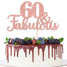 1 pieza de 60 y fabulosa decoración para tartas con purpurina, 60 y fabulosas decoraciones para tartas de feliz 60 cumpleaños para 60 aniversario de boda, fiesta de cumpleaños, suministros de decoración de tartas, color oro rosa