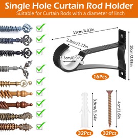 16 Pcs Curtain Rod Bracket, Heavy Duty Curtain Rod Holders, Black Rods Hooks Hangers for Wall, Drapery Rod Support Brackets for 1 Inch Drape Poles