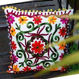Traditional Jaipur Boho Throw Suzani Pillow, Embroidered Cushion Cover 16x16, Decorative Throw Pillow Case, Indian Pom Pom Outdoor Cushions, Boho Pillow Shams