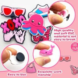 Puideon 50pcs Pink Preppy Shoe Charms for Girls Women,Cute Alphabet Letter Shoe Decorations Charms for Adults Kids Girls Birthday Gifts Party Favors