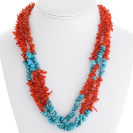 Navajo Coral Turquoise Nugget Chip Necklace Three Strander 1330