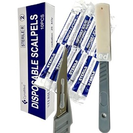 ArTLaB-Disposable Scalpels Blades High-Carbon Steel Blades, Plastic Handle, Sterile, Dermaplaning, Dissection, Podiatry, Professional Grooming, Acne Removal Individually Foil Wrapped, Box of 10 (#11)