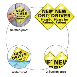 cobee New Driver Signs for Car, 2Pcs 5 x 5 Inch Window Please Be Patient Car Reflective Student Driver Sticker with Suction Cups Car Vehicle Sign Sticker Bumper Student Driver Sign for Beginner Rookie