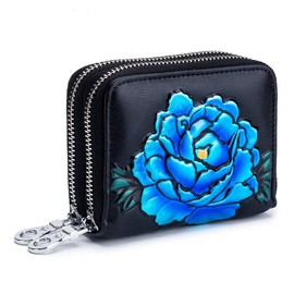 BAKUN - Portatarjetas de piel con diseño de flores, para tarjetas de crédito, de piel o identificación, Azul, Large, Casual