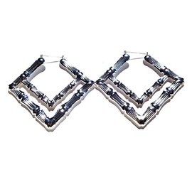 Bamboo Earrings Double Hoop Square Hoop Gold or Silver tone Large 4 inch Hoops (Silver)