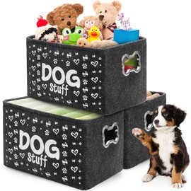 WRINGKIT 3 Pack Felt Dog Toy Bin Basket, Puppy Storage Bin Box with Handles, Collapsible Felt Storage Bin Basket for Dog Toys, Blankets, Pet Supplies Storage, Dog Room Decor