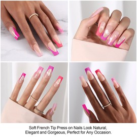 Pink French Tip Press On Nails, OPkssnails 150pcs Long Square Nail Tips, Pre-lasting French Soft Gel Nails, Soak Off Acrylic False Nails Fake Nails for Nail Art DIY Extension 15 Sizes