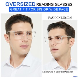 MARE AZZURO Clear Frame Reading Glasses 2.75 Men Oversized Square Readers for Large Head 100 125 150 175 200 225 250 275 300 350 400 500 600 (Transparent, 2.75)