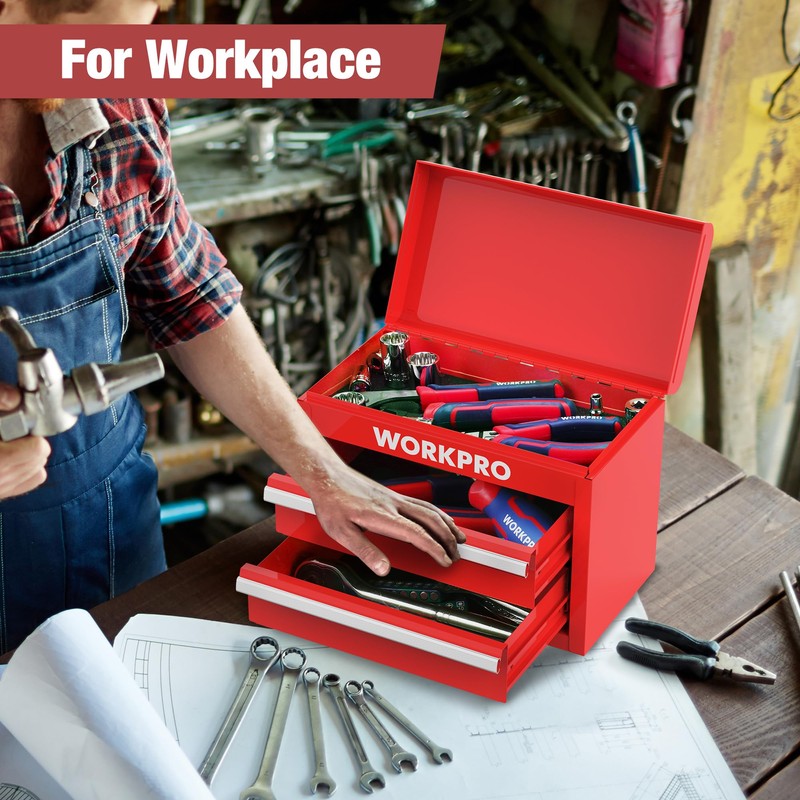WORKPRO Mini Metal Tool Box with 2 Drawers and Top