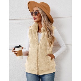 LOMON Womens Fuzzy Fleece Vest, Casual Warm Sleeveless Zip Up Sherpa Vest Jacket with Pockets for Fall/Winter Apricot M