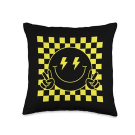 Checkered Lightning Bolt Eyes Happy Smiling Smile Face Peace Throw Pillow